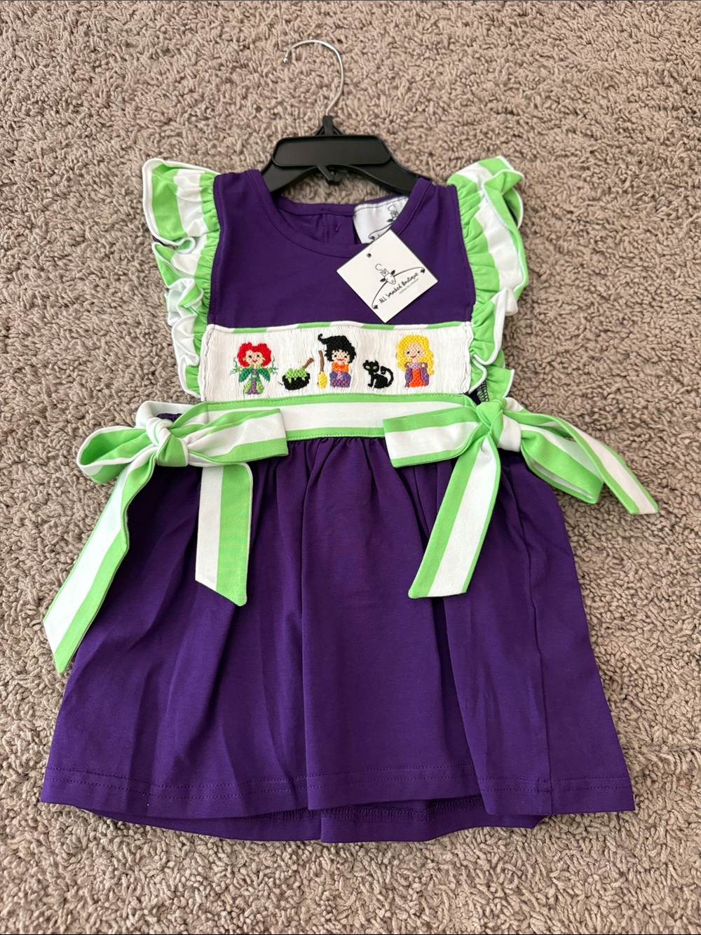 Kids Purple & Lime Green Halloween Costume Dress with Smocked Characters